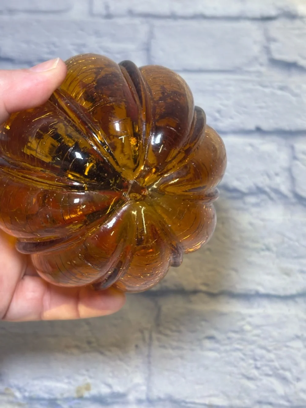 Glass Amber Pumpkin Hand Blown Crackle Finish Thanksgiving Curly Steam Pier One